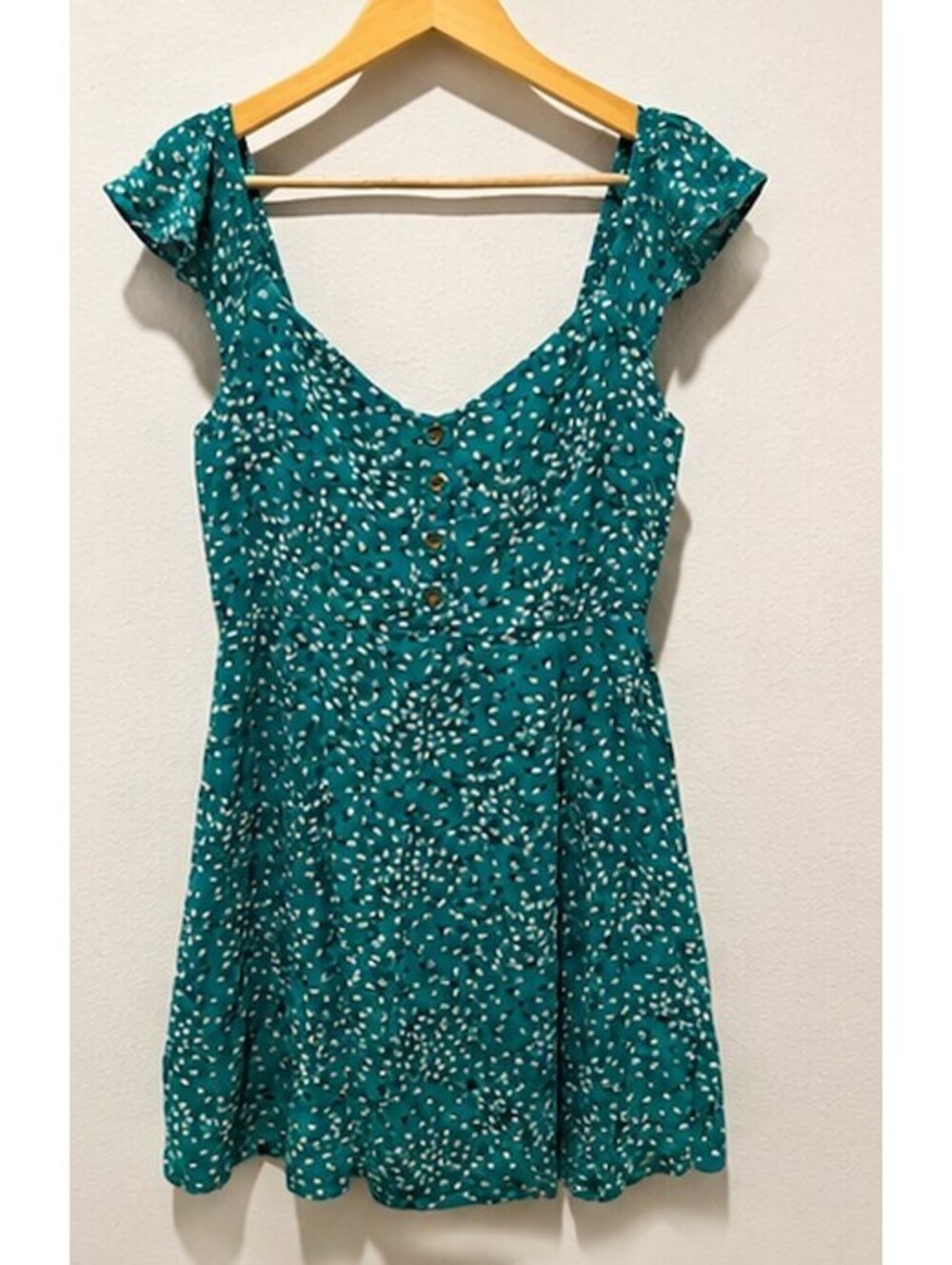 Teal Floral Print Button Front Dress with Cap Sleeves